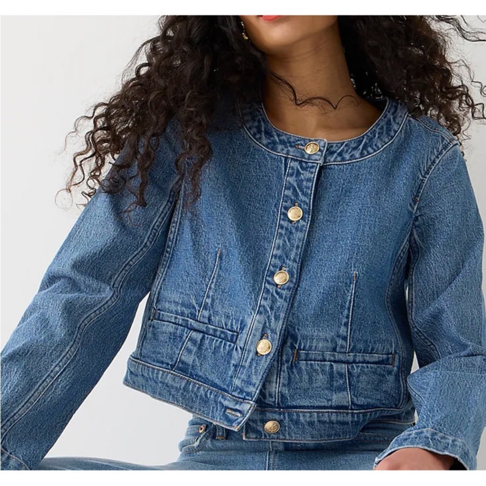 J. Crew Lady Louisa Denim Cropped Jacket Blue Gold 6